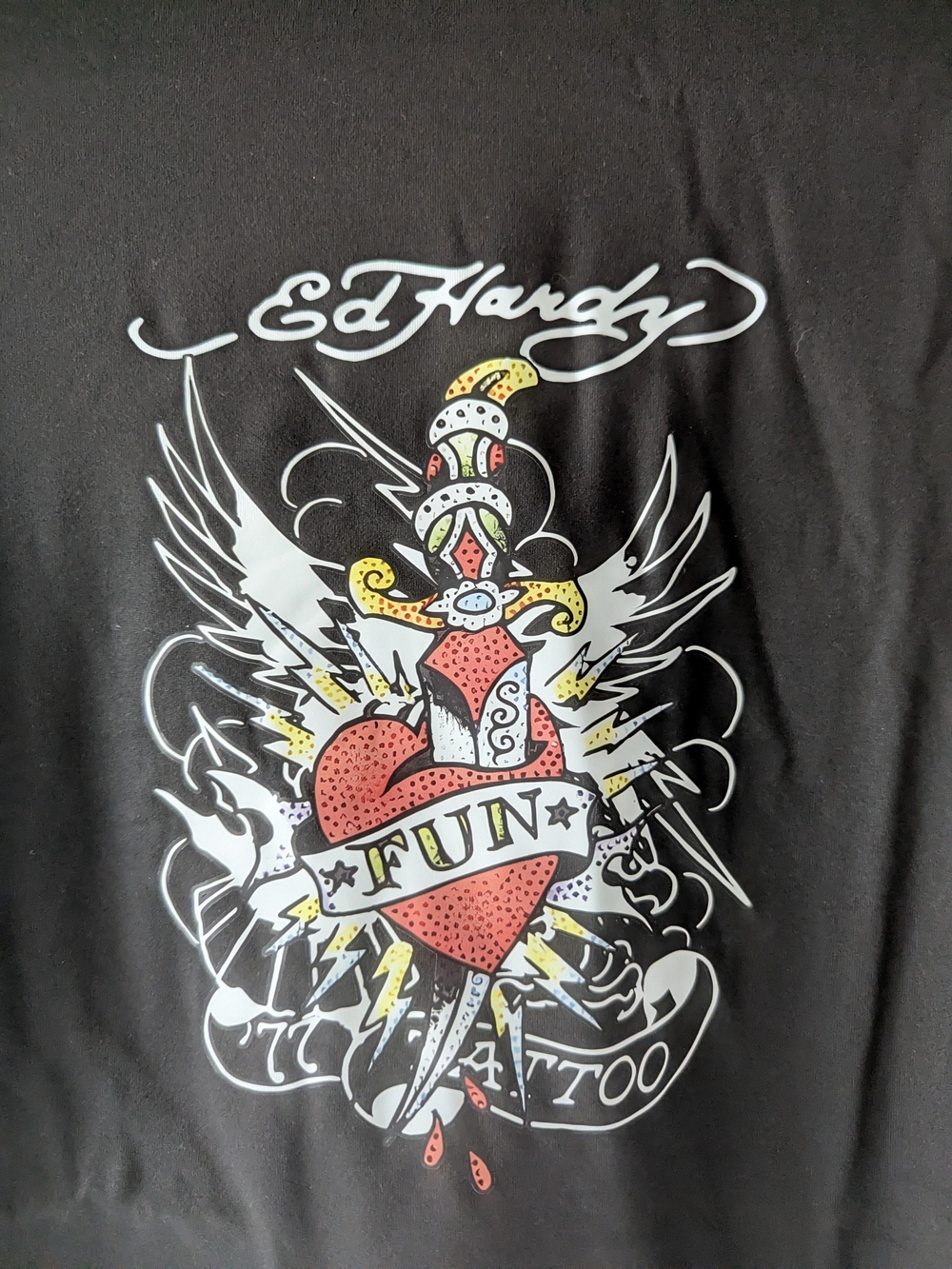 Ed Hardy Black Short-Sleeve Graphic Tee with Red Heart "FUN" Banner dagger